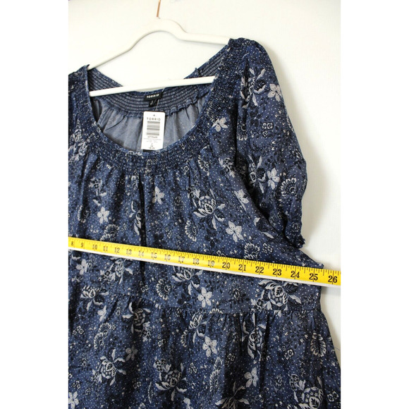 Torrid Mini Chambray Dress Women 2X Puff Short Sleeves Smocked Neck Blue Floral - Picture 5 of 12